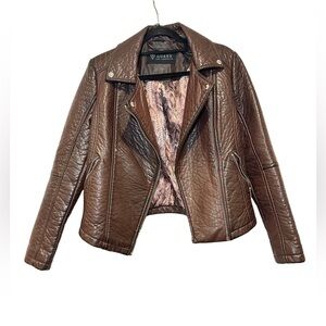 GUESS Brown Quilted Moto-Style Faux Leather Jacket